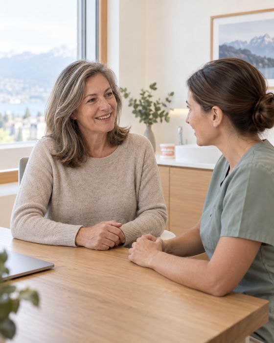 Illustrative Beratungsszene: Eine erwachsene Patientin spricht mit einer zahnmedizinischen Fachperson an einem Tisch in einer hellen Praxis.